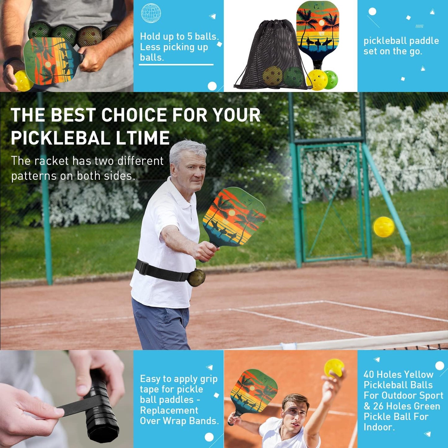 Pickleball Set of 4, Pickleball Paddles Set of 4 with 4 Premium Wood Paddles & 4 Pickleballs & 2 Handle Grips Tape & 2 Pickleball Belts & Carry Bag for Beginners Men Women Adults(New Version)