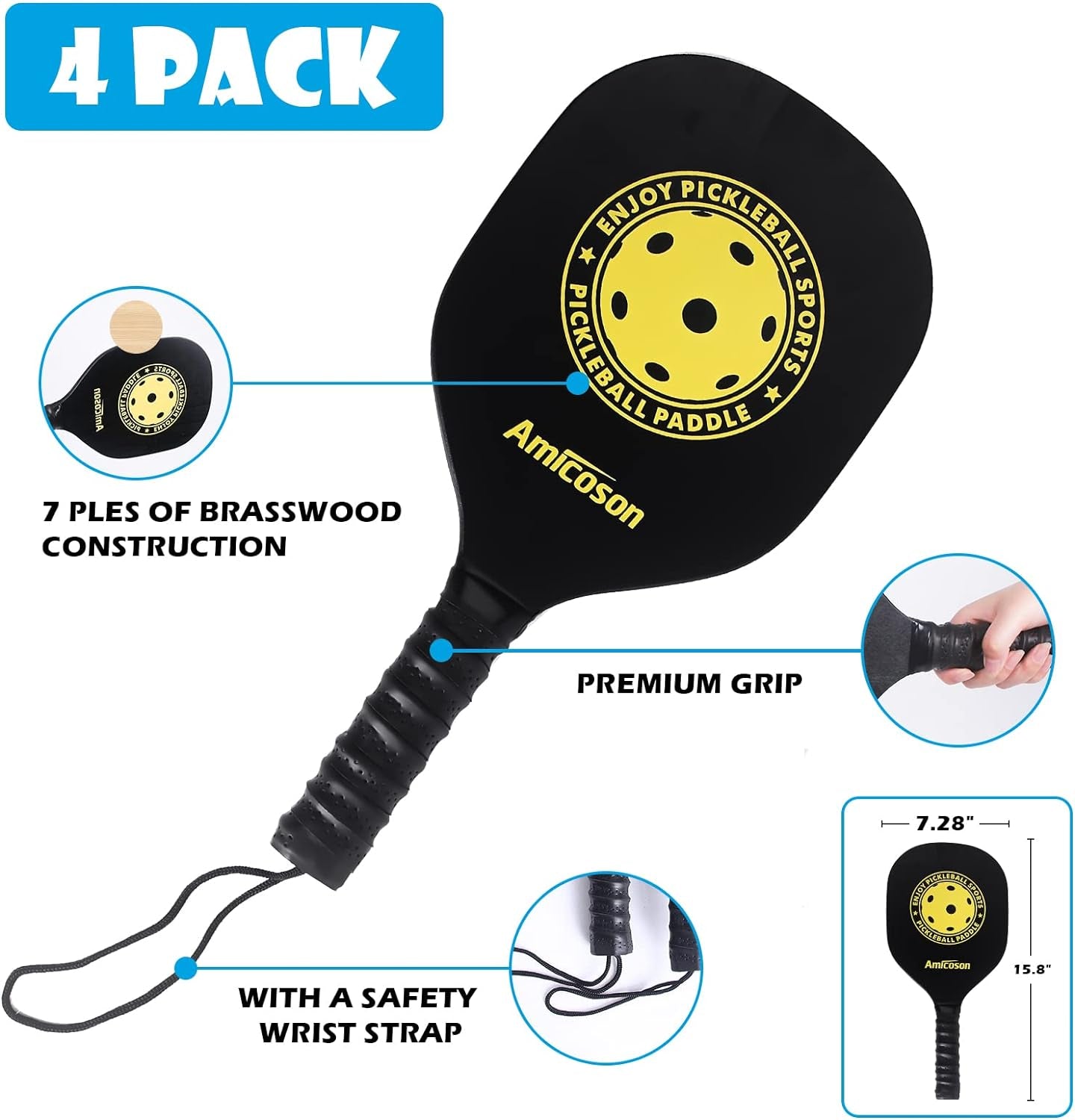 Pickleball Paddles - Pickleball Set of 4 Paddles, Indoor & Outdoor Pickleball Balls, Pickleball Paddle Set of 4 Wood Pickleball Racket Ergonomic Cushion Grip, 8 Pickleball Balls & 1 Carry Bag