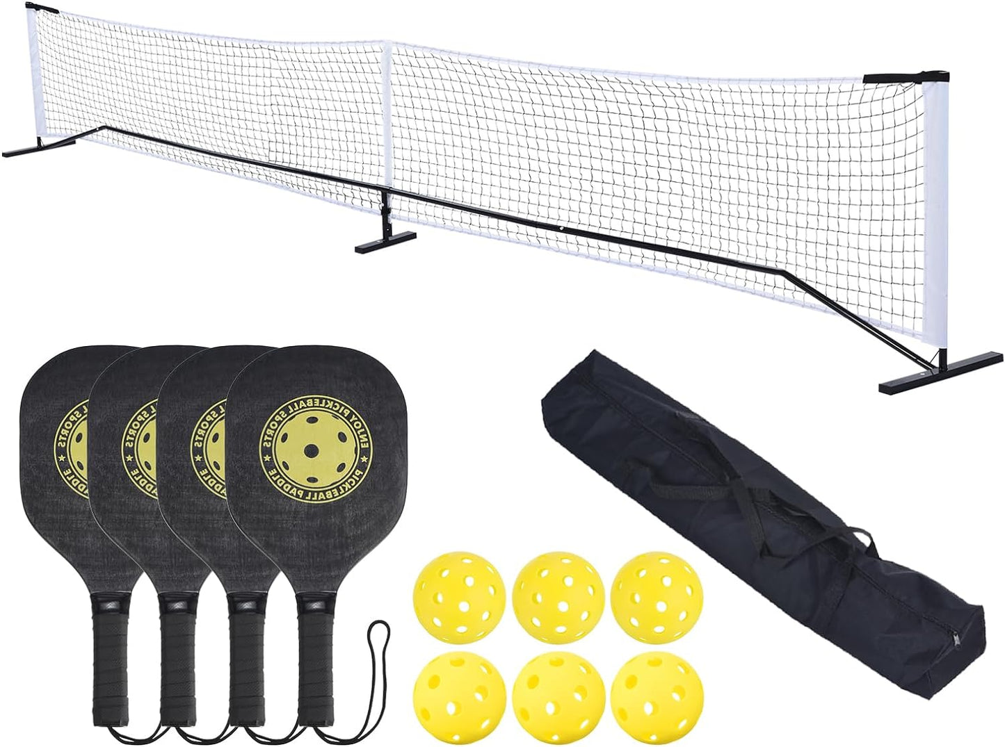 Pickleball Net Set 22FT Regulation Size Portable Net System with 6 Pickleball, 4 Paddles & Carrying Bag for Driveway Backyards Indoor Outdoor, Black