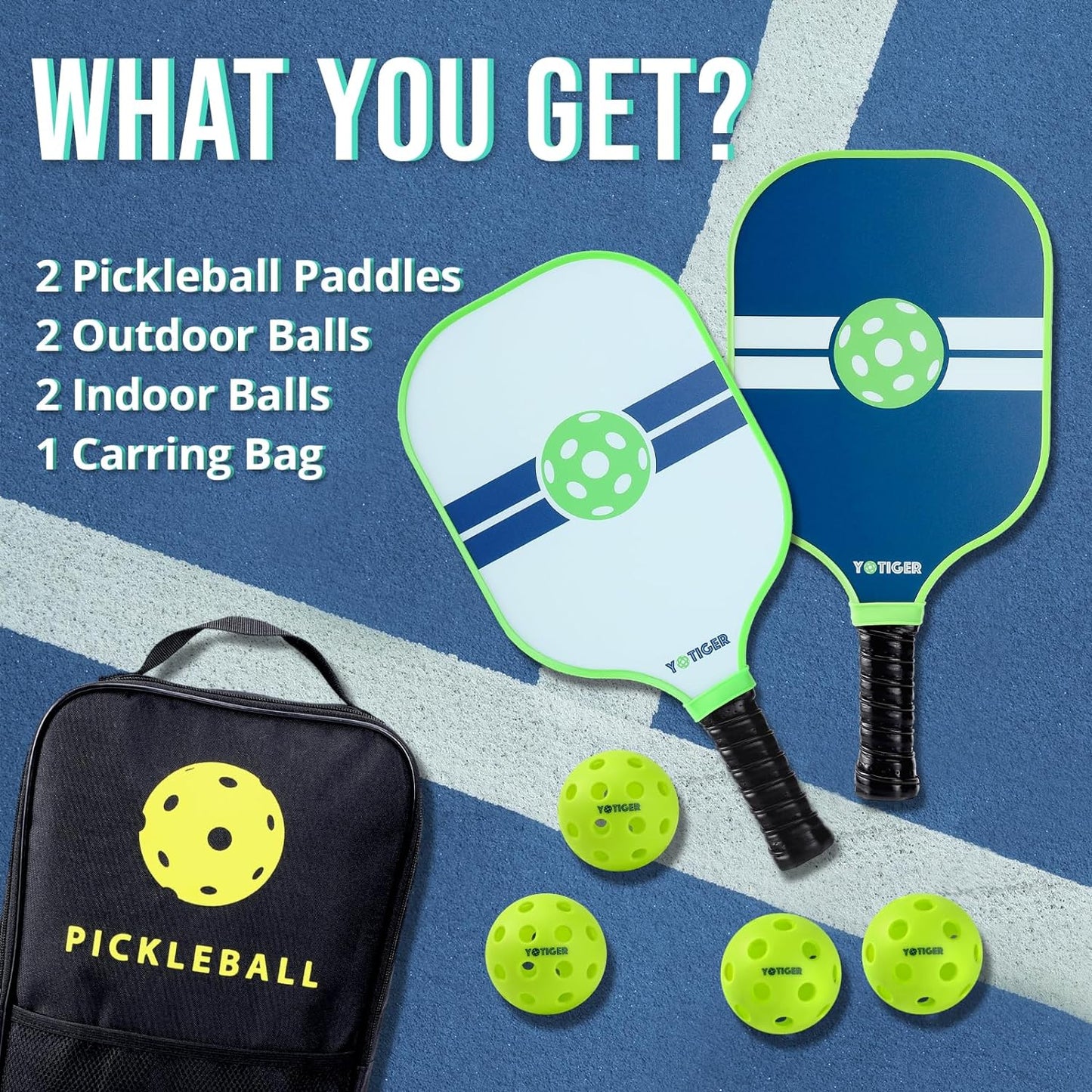 Pickleball Paddle Set of 2, Fiberglass Pickleball Paddles Set, Lightweight Pickleball Paddles with 2 Outdoor and 2 Indoor Pickleballs & Carrying Bag, Pickle-Ball Rackets for Beginners & Pros