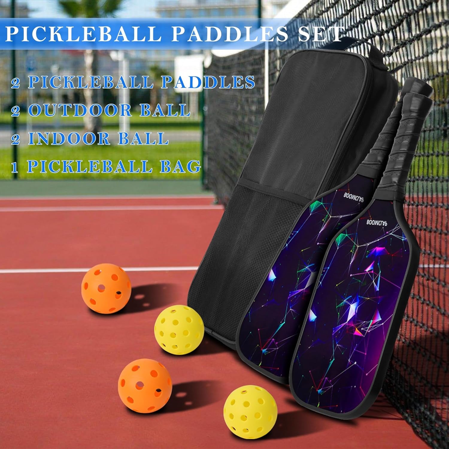 Pickleball Paddles Set of 2 Paddles,2 Indoor Balls and 2 Outdoor Balls with Paddle Bag, Meet USAPA Requirement, Fiberglass Pickle Ball Paddle Set, Pickleball Racket Feels Great in the Hand