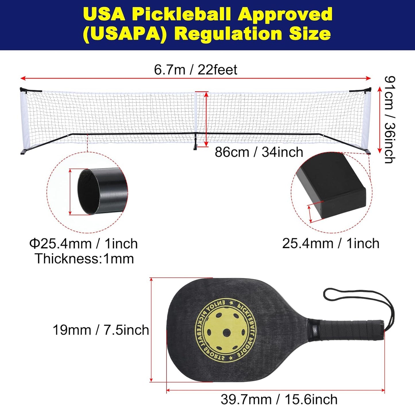 Pickleball Net Set 22FT Regulation Size Portable Net System with 6 Pickleball, 4 Paddles & Carrying Bag for Driveway Backyards Indoor Outdoor, Black