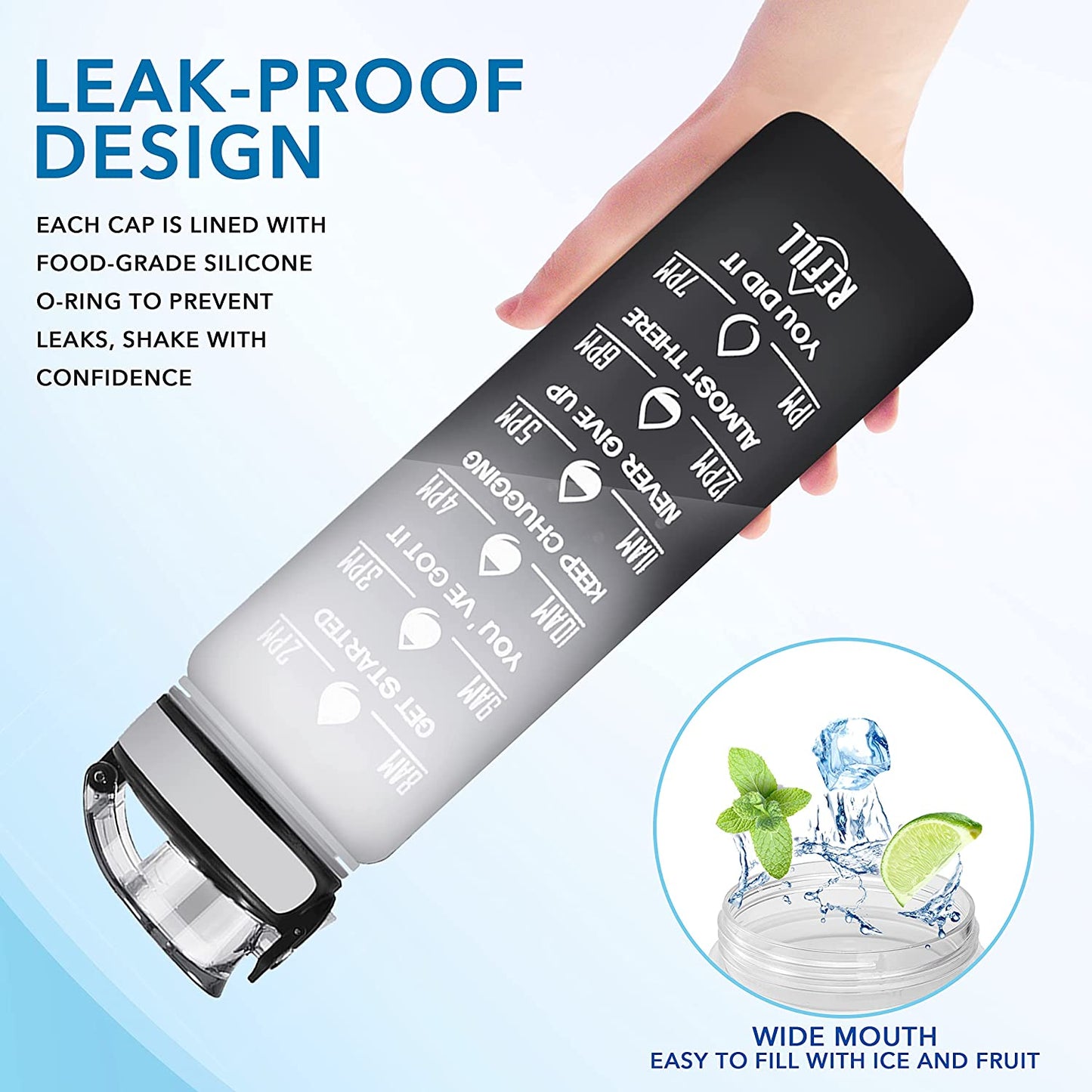 Water Bottle, Leakproof BPA & Toxic Free, Motivational Water Bottle with Times to Drink and Straw, Fitness Sports Water Bottle with Strap for Office, Gym, Outdoor Sports