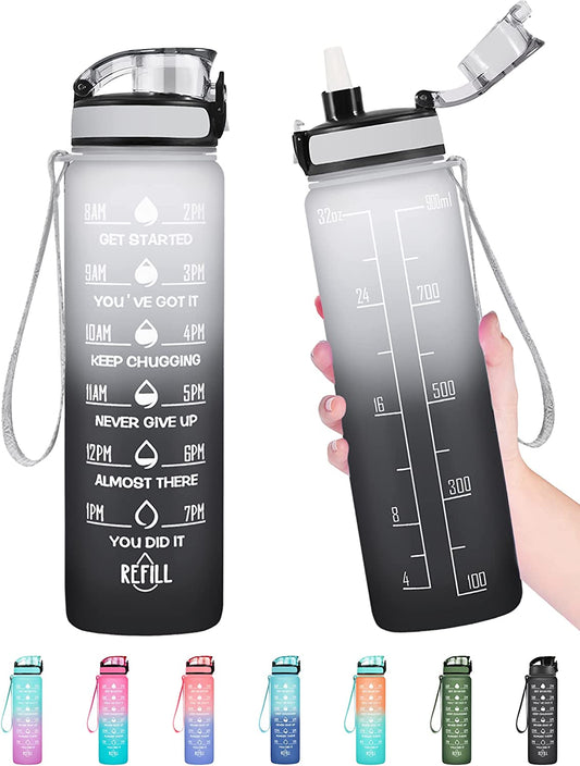 Water Bottle, Leakproof BPA & Toxic Free, Motivational Water Bottle with Times to Drink and Straw, Fitness Sports Water Bottle with Strap for Office, Gym, Outdoor Sports