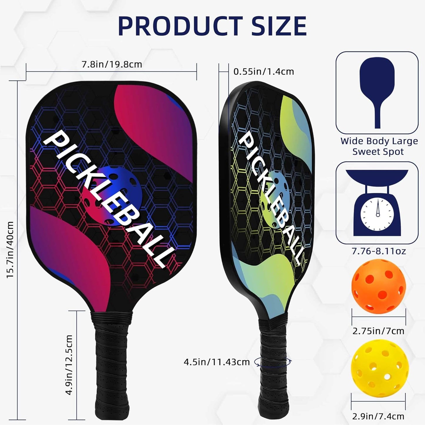 Pickleball Paddles, Pickleball Set Fiberglass Surface and Polymer Honeycomb Core Pickleball Racket Set of 2/4 for Outdoor and Indoor with 1 Carrying Bag, 4 Balls