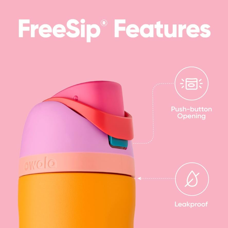 Freesip Insulated Stainless Steel Water Bottle with Straw for Sports and Travel, Bpa-Free, 24-Oz, Orchid/Orange (Tropical)