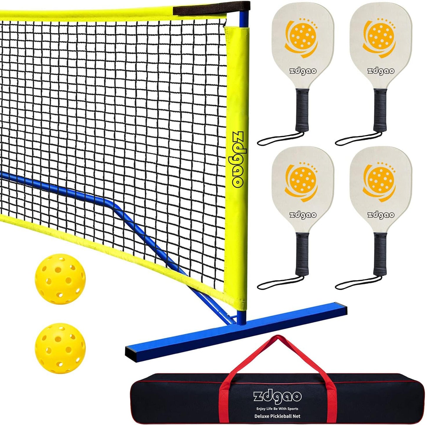 Pickleball Set with 4 Paddles and Net - Official Size Net, 4-Pickleball Paddles, and 2 Outdoor Pickleball Balls, Outdoor Fun for Kids, Teens and Adults