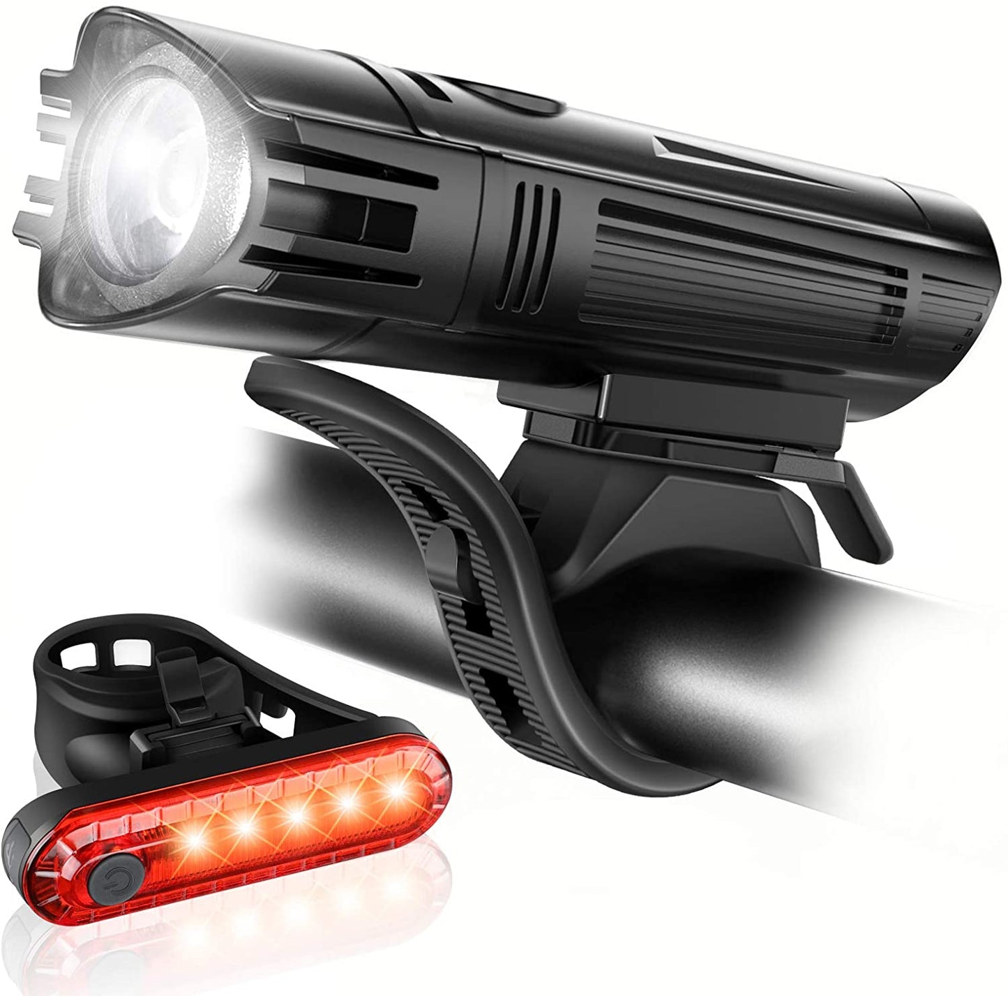 Ultra Bright USB Rechargeable Bike Light Set, Powerful Bicycle Front Headlight and Back Taillight, 4 Light Modes, Easy to Install for Men Women Kids Road Mountain Cycling Black