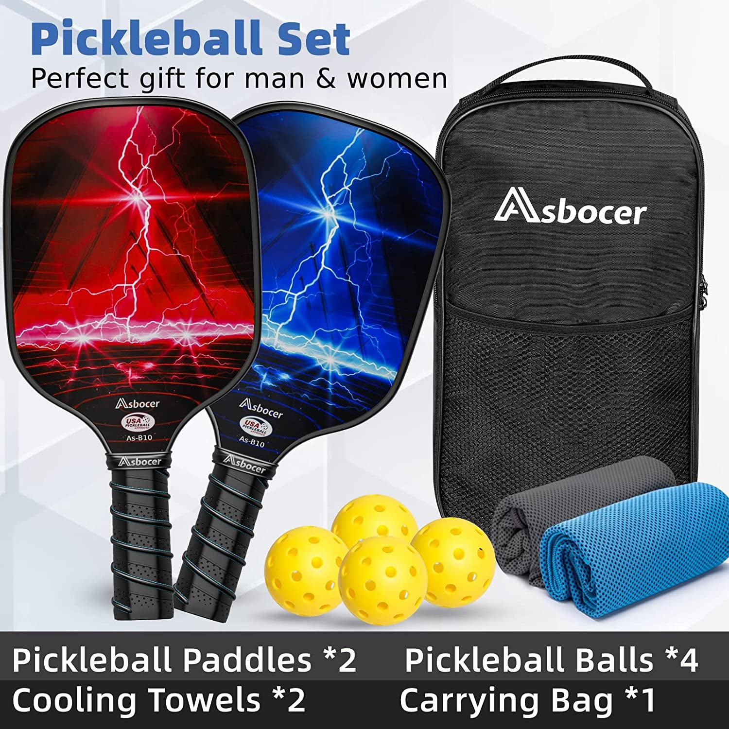 Pickleball Paddles, USAPA Approved Pickleball Paddles Set of 2, Fiberglass Surface Pickleball Set, 4 Pickleball Balls, 2 Cooling Towels, Pickleball Bag, Pickleball Paddle Gifts for Men Women