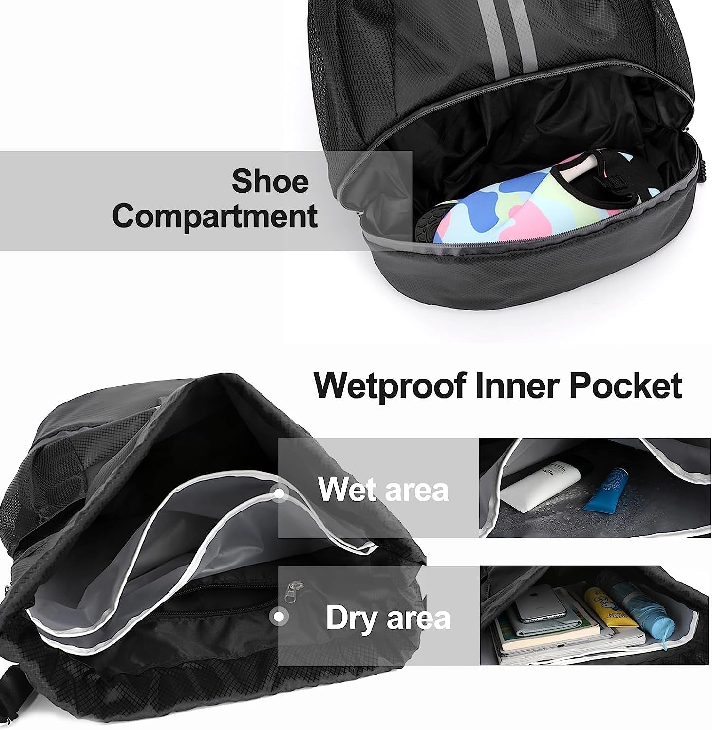 Sports Drawstring Backpack - String Swim Gym Bag with Shoes Compartment and Wet Proof Pocket for Women&Men