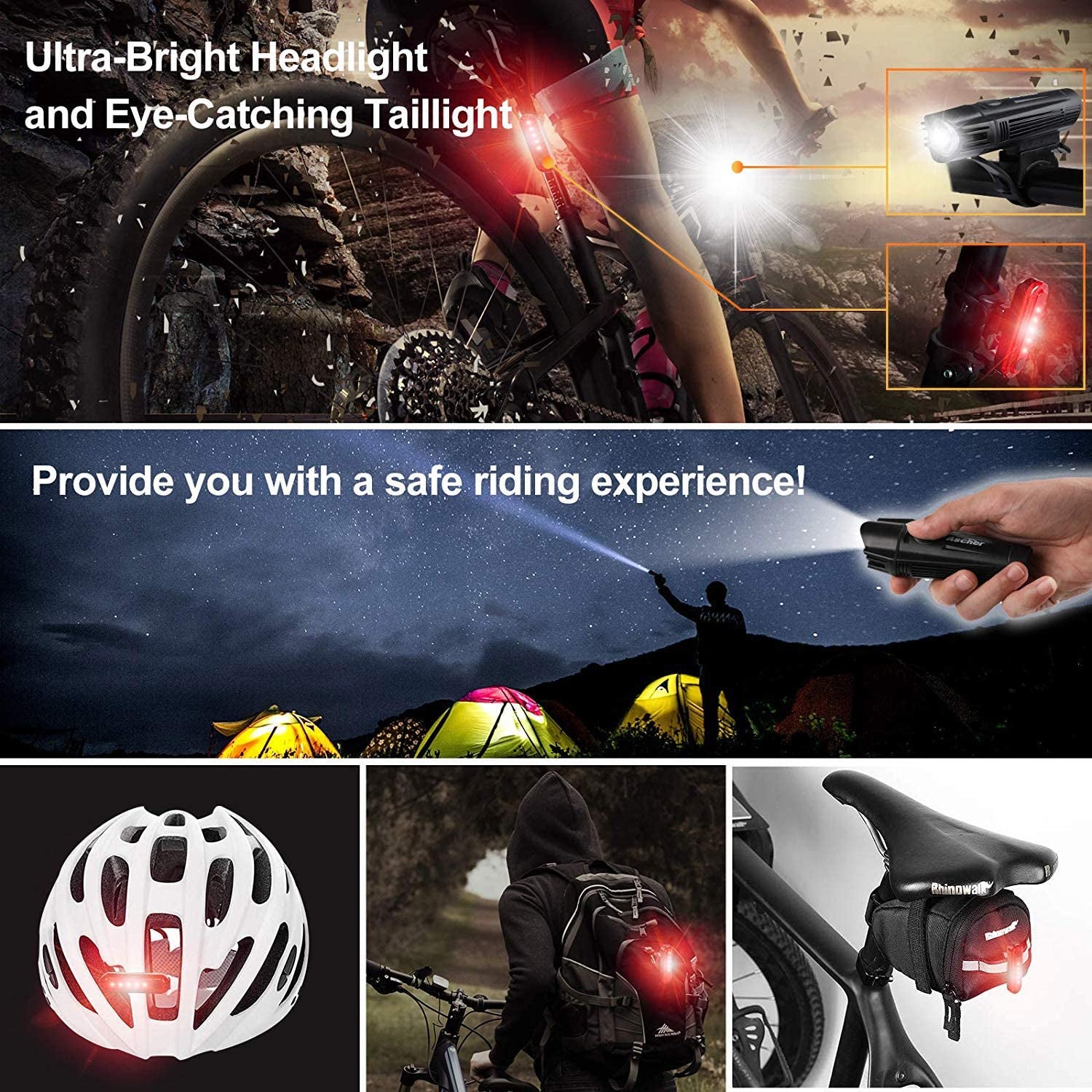 Ultra Bright USB Rechargeable Bike Light Set, Powerful Bicycle Front Headlight and Back Taillight, 4 Light Modes, Easy to Install for Men Women Kids Road Mountain Cycling Black